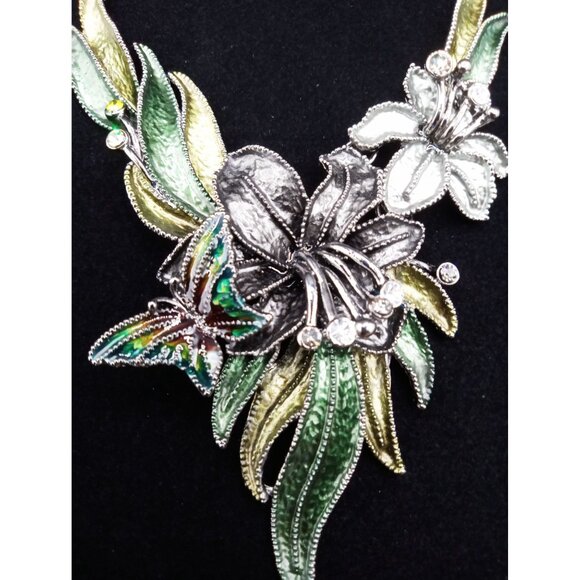 Floral & Butterfly Statement Necklace Rhinestone Accents Green Silver-Tone Metal - Picture 7 of 16
